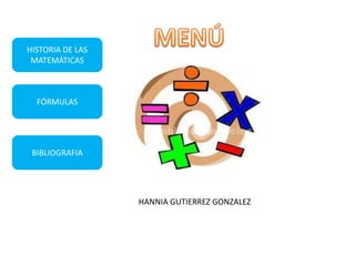 FÓRMULAS
HISTORIA DE LAS
MATEMÁTICAS
BIBLIOGRAFIA
HANNIA GUTIERREZ GONZALEZ
 