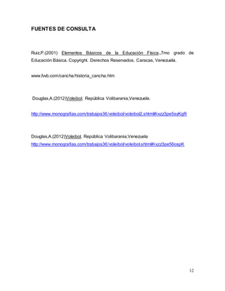 12
FUENTES DE CONSULTA
Ruiz,P.(2001) Elementos Básicos de la Educación Física.,7mo grado de
Educación Básica. Copyright. Derechos Reservados. Caracas, Venezuela.
www.fvvb.com/cancha/historia_cancha.htm
Douglas,A.(2012)Voleibol, República Volibarania,Venezuela.
http://www.monografias.com/trabajos36/voleibol/voleibol2.shtml#ixzz3pe5syKgR
Douglas,A.(2012)Voleibol, República Volibarania,Venezuela
http://www.monografias.com/trabajos36/voleibol/voleibol.shtml#ixzz3pe56ospK
 