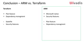 Conclusion – ARM vs. Terraform
Terraform
+ Plan feature
+ Dependency managment
- Statefile
- Security features
ARM
+ Micro...