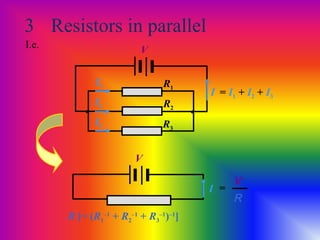 3 Resistors in parallel
I.e.
R1
R2
R3
V
• •
I1
I2
I3
I
R [= (R1
–1
+ R2
–1
+ R3
–1
)–1
]
V
I =
= I1 + I2 + I3
V
R
 