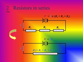 2 Resistors in series
R1 R2 R3
V
I.e.
I
R (= R1 + R2 + R3)
V
I
= I × (R1 + R2 + R3)
= IR
 