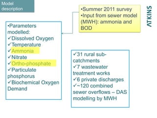 Model
description
•Parameters
modelled:
Dissolved Oxygen
Temperature
Ammonia
Nitrate
Ortho-phosphate
Particulate
phosphorus
Biochemical Oxygen
Demand
•Summer 2011 survey
•Input from sewer model
(MWH): ammonia and
BOD
31 rural sub-
catchments
7 wastewater
treatment works
6 private discharges
~120 combined
sewer overflows – DAS
modelling by MWH
 
