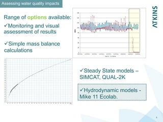 6
Range of options available:
Monitoring and visual
assessment of results
Simple mass balance
calculations
Assessing water quality impacts
Steady State models –
SIMCAT, QUAL-2K
Hydrodynamic models -
Mike 11 Ecolab.
 