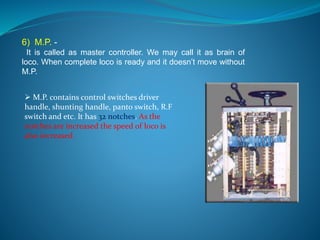 6) M.P. - 
It is called as master controller. We may call it as brain of 
loco. When complete loco is ready and it doesn’t move without 
M.P. 
 M.P. contains control switches driver 
handle, shunting handle, panto switch, R.F 
switch and etc. It has 32 notches. As the 
notches are increased the speed of loco is 
also increased. 
 