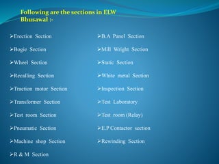 Following are the sections in ELW 
Bhusawal :- 
Erection Section 
Bogie Section 
Wheel Section 
Recalling Section 
Traction motor Section 
Transformer Section 
Test room Section 
Pneumatic Section 
Machine shop Section 
R & M Section 
B.A Panel Section 
Mill Wright Section 
Static Section 
White metal Section 
Inspection Section 
Test Laboratory 
Test room (Relay) 
E.P Contactor section 
Rewinding Section 
 