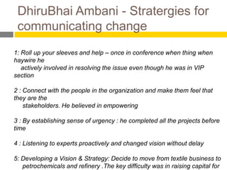 DhiruBhai Ambani - Stratergies for
 communicating change
1: Roll up your sleeves and help – once in conference when thing when
haywire he
   actively involved in resolving the issue even though he was in VIP
section

2 : Connect with the people in the organization and make them feel that
they are the
    stakeholders. He believed in empowering

3 : By establishing sense of urgency : he completed all the projects before
time

4 : Listening to experts proactively and changed vision without delay

5: Developing a Vision & Strategy: Decide to move from textile business to
   petrochemicals and refinery .The key difficulty was in raising capital for
 