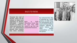 BACK TO INDIA
Towards the end of
decade, when all the
Indians in Aden were
migrating to Britain,
Dhirubhai Ambani
decided to return to
India and become the
part of phenomenal
growth that country
had been awaiting.
Back in India
Dhirubhai found that
he had very little
capital to go into any
purposeful business.
He eschewed the idea
of opening up a small
grocery or cloth shop.
He immediately got in
touch with his Arabian
contacts, offering to
export spices, and
other Indian
commodities at very
low prices.
 