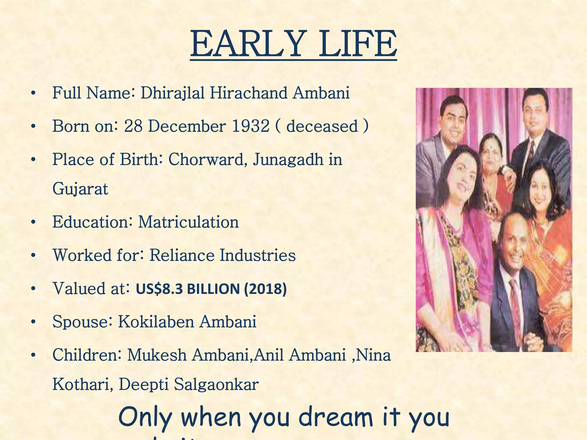 EARLY LIFE
• Full Name: Dhirajlal Hirachand Ambani
• Born on: 28 December 1932 ( deceased )
• Place of Birth: Chorward, Junagadh in
Gujarat
• Education: Matriculation
• Worked for: Reliance Industries
• Valued at: US$8.3 BILLION (2018)
• Spouse: Kokilaben Ambani
• Children: Mukesh Ambani,Anil Ambani ,Nina
Kothari, Deepti Salgaonkar
Only when you dream it you
 