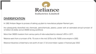 DIVERSIFICATION
In 1982 Ambani Began to process of setting up plant to manufactue polyster filament yarn.
He subsequently ...