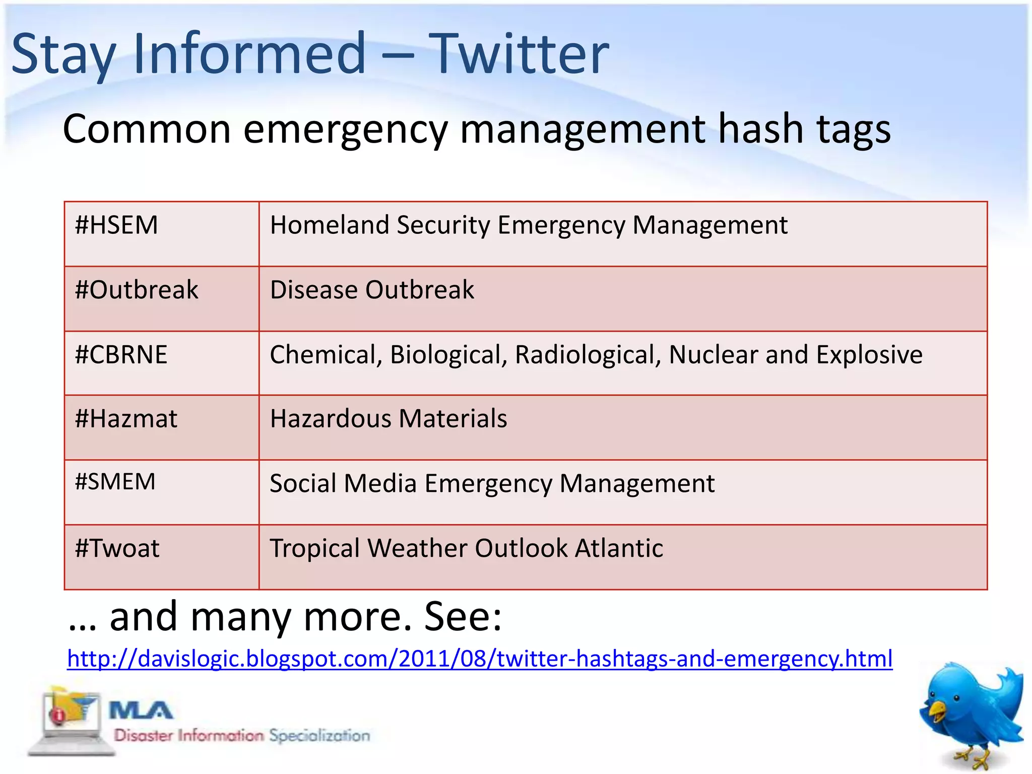 Stay Informed – Twitter
 Common emergency management hash tags
  #HSEM             Homeland Security Emergency Management

  #Outbreak         Disease Outbreak

  #CBRNE            Chemical, Biological, Radiological, Nuclear and Explosive

  #Hazmat           Hazardous Materials

  #SMEM             Social Media Emergency Management

  #Twoat            Tropical Weather Outlook Atlantic

  … and many more. See:
  http://davislogic.blogspot.com/2011/08/twitter-hashtags-and-emergency.html
 