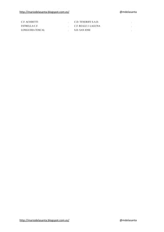http://mariodelasanta.blogspot.com.es/ @mdelasanta
C.F. ACODETTI . C.D. TENERIFE S.A.D. .
ESTRELLA C.F. . C.F. REALE J. LAGUNA .
LONGUERA TOSCAL . S.D. SAN JOSE .
http://mariodelasanta.blogspot.com.es/ @mdelasanta
 