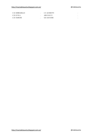 http://mariodelasanta.blogspot.com.es/ @mdelasanta
C.D. SOBRADILLO . C.F. ACODETTI .
C.D. O F R A . ARUCAS C.F. .
C.D. TAHICHE . S.D. SAN JOSE .
http://mariodelasanta.blogspot.com.es/ @mdelasanta
 