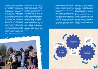 Conforme o número de elementos
da tua Equipa poderá haver ain-
da o Animador, o Socorrista (que
pode chamar-se também Botica),
o Intendente ou o Informático.
O teu Guia sabe o que compete
fazer a cada cargo, e vai explicar-
-te. Há também material escrito
que te pode ajudar a perceber.
É importante que compreendas
que é fundamental que todos os
elementos da tua equipa tenham
um cargo, que desempenham com
gosto, e que só o Sub-Guia pode
acumular mais do que um cargo.
O Guia é eleito democraticamente
pelos elementos da Equipa e é a
ele que cabe a nomeação dos
outros cargos, tendo em conta as
características de cada um dos
Escuteiros. Por ser uma tarefa de
grande responsabilidade, o Guia
não pode, em hipótese alguma,
acumular com outro cargo.
Tu também terás de ter o teu
cargo na tua Equipa. Também
vais ser chamado a desempenhar
uma função dentro da tua Equipa,
quando for tempo de preparar e
organizar o Empreendimento.
Função que pode nada ter a ver
com o cargo que ocupas. Deves
fazer o possível por aprender a
desempenhá-la bem, pois os outros
elementos contam contigo para
ajudares sempre que for preciso.
O desempenho de um cargo na
Equipa e de funções nos Empreen-
dimentos ajudar-te-á muito no teu
progresso pessoal no Escutismo e
fora dele.
Não precisas ter receio de não
saber fazer. Todos te devem dar
uma ajuda, desde os elementos
da tua Equipa aos mais velhos da
Equipa de Animação. Dentro da
tua Equipa há ainda dois elemen-
tos que têm uma grande obriga-
ção de te ajudar em tudo o que
precisares: o Guia de Equipa e
o Sub-Guia de Equipa. O Guia
deve dirigir e animar a Equipa e
o Sub–Guia ajuda-o em todas as
tarefas necessárias ou substitui-o
quando o Guia não está.
Para poder funcionar de forma
correcta a Comunidade tem várias
reuniões diferentes, que tratam
diferentes assuntos e onde estão
presentes pessoas diferentes.
Confuso?... Vais ver que é fácil de
entender…
Conselho
de Guias
Reuniões de
Equipa
Pioneiros
Noviços
Aspirantes
Conselho de
Comunidade
Guias de Equipa
Equipa de Animação
Pioneiros
Noviços
Aspirantes
Dirigentes
25
 