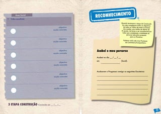 Área Social
objectivo
objectivo
objectivo
objectivo
objectivo
objectivo
acção concreta
acção concreta
acção concreta
acção concreta
acção concreta
acção concreta
T Trilho escolhido
3 ETAPA CONSTRUÇÃO Concluída em __ /__ /__
Quando terminares a etapa da Construção
(ou seja completares todos os objectivos
de todos os Trilhos de todas as Áreas)
irás receber uma Anilha de Mérito da
III secção, de forma a ser reconhecível por
todos que completaste a totalidade do
percurso educativo proposto
para os Pioneiros.
Poderás usá-la até à tua Promessa
de Caminheiro/Companheiro.
Acabei no dia __ / __ / __
em (local).
Acabaram o Progresso comigo os seguintes Escuteiros:
Acabei o meu percurso
RECONHECIMENTO
77
 