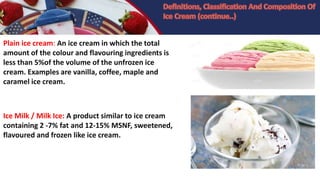 Plain ice cream: An ice cream in which the total
amount of the colour and flavouring ingredients is
less than 5%of the volume of the unfrozen ice
cream. Examples are vanilla, coffee, maple and
caramel ice cream.
Ice Milk / Milk Ice: A product similar to ice cream
containing 2 -7% fat and 12-15% MSNF, sweetened,
flavoured and frozen like ice cream.
 