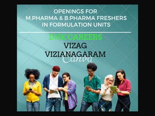 OPENINGS FOR
M.PHARMA & B.PHARMA FRESHERS
IN FORMULATION UNITS
DHK CAREERS
VIZAG
VIZIANAGARAM
 