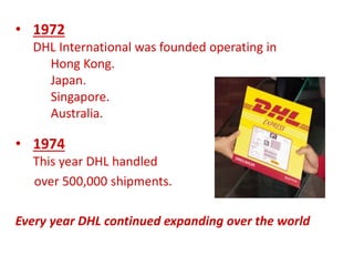 • 1972
DHL International was founded operating in
Hong Kong.
Japan.
Singapore.
Australia.
• 1974
This year DHL handled
over 500,000 shipments.
Every year DHL continued expanding over the world
 
