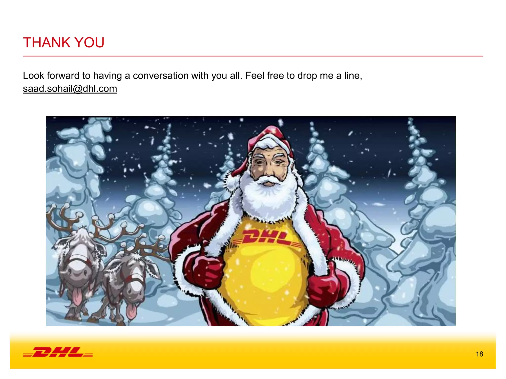 18
Look forward to having a conversation with you all. Feel free to drop me a line,
saad.sohail@dhl.com
THANK YOU
 