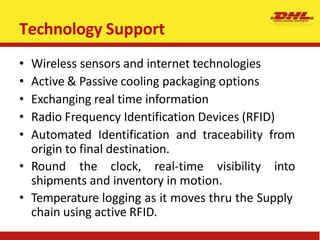 Technology Support
• Wireless sensors and internet technologies
• Active & Passive cooling packaging options
• Exchanging real time information
• Radio Frequency Identification Devices (RFID)
• Automated Identification and traceability from
origin to final destination.
• Round the clock, real-time visibility into
shipments and inventory in motion.
• Temperature logging as it moves thru the Supply
chain using active RFID.
 