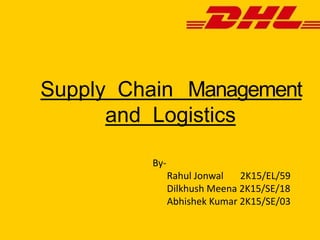 Supply Chain Management
and Logistics
By-
Rahul Jonwal 2K15/EL/59
Dilkhush Meena 2K15/SE/18
Abhishek Kumar 2K15/SE/03
 
