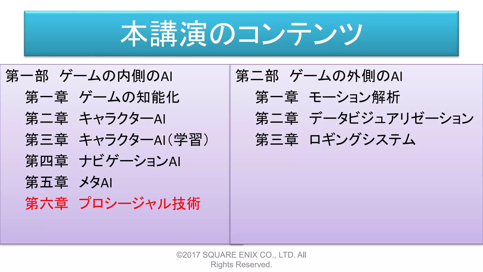 本講演のコンテンツ
第一部 ゲームの内側のAI
第一章 ゲームの知能化
第二章 キャラクターAI
第三章 キャラクターAI（学習）
第四章 ナビゲーションAI
第五章 メタAI
第六章 プロシージャル技術
©2017 SQUARE ENIX CO., LTD. All
Rights Reserved.
第二部 ゲームの外側のAI
第一章 モーション解析
第二章 データビジュアリゼーション
第三章 ロギングシステム
 
