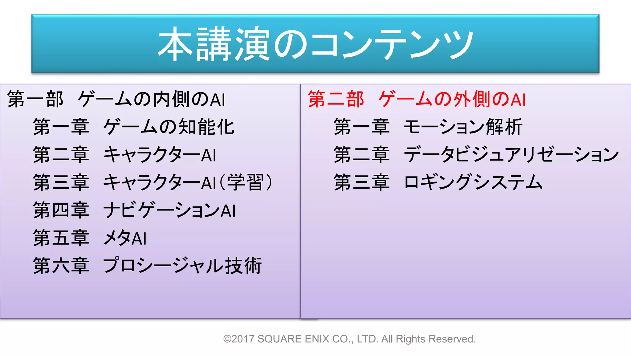 本講演のコンテンツ
第一部 ゲームの内側のAI
第一章 ゲームの知能化
第二章 キャラクターAI
第三章 キャラクターAI（学習）
第四章 ナビゲーションAI
第五章 メタAI
第六章 プロシージャル技術
©2017 SQUARE ENIX CO., LTD. All Rights Reserved.
第二部 ゲームの外側のAI
第一章 モーション解析
第二章 データビジュアリゼーション
第三章 ロギングシステム
 