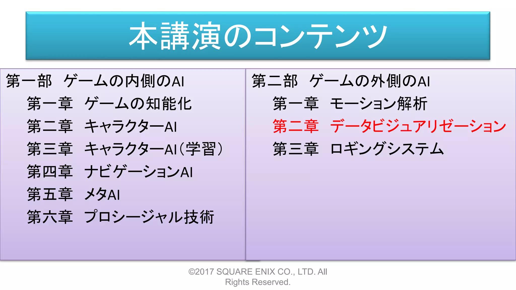 本講演のコンテンツ
第一部 ゲームの内側のAI
第一章 ゲームの知能化
第二章 キャラクターAI
第三章 キャラクターAI（学習）
第四章 ナビゲーションAI
第五章 メタAI
第六章 プロシージャル技術
©2017 SQUARE ENIX CO., LTD. All
Rights Reserved.
第二部 ゲームの外側のAI
第一章 モーション解析
第二章 データビジュアリゼーション
第三章 ロギングシステム
 