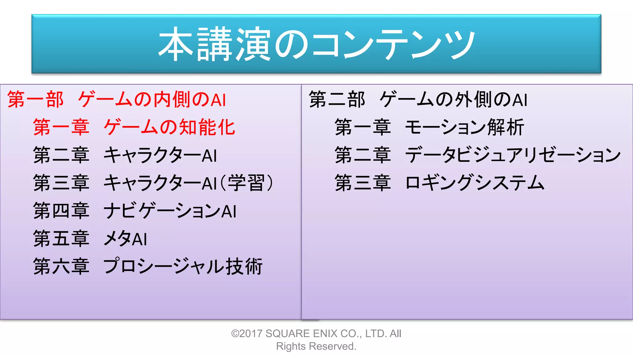 本講演のコンテンツ
第一部 ゲームの内側のAI
第一章 ゲームの知能化
第二章 キャラクターAI
第三章 キャラクターAI（学習）
第四章 ナビゲーションAI
第五章 メタAI
第六章 プロシージャル技術
©2017 SQUARE ENIX CO., LTD. All
Rights Reserved.
第二部 ゲームの外側のAI
第一章 モーション解析
第二章 データビジュアリゼーション
第三章 ロギングシステム
 