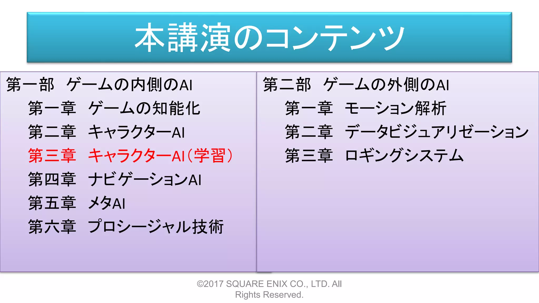 本講演のコンテンツ
第一部 ゲームの内側のAI
第一章 ゲームの知能化
第二章 キャラクターAI
第三章 キャラクターAI（学習）
第四章 ナビゲーションAI
第五章 メタAI
第六章 プロシージャル技術
©2017 SQUARE ENIX CO., LTD. All
Rights Reserved.
第二部 ゲームの外側のAI
第一章 モーション解析
第二章 データビジュアリゼーション
第三章 ロギングシステム
 