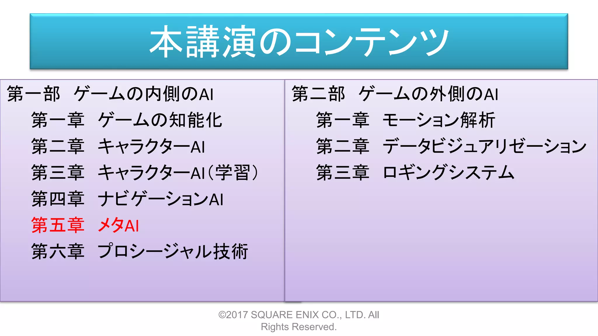 本講演のコンテンツ
第一部 ゲームの内側のAI
第一章 ゲームの知能化
第二章 キャラクターAI
第三章 キャラクターAI（学習）
第四章 ナビゲーションAI
第五章 メタAI
第六章 プロシージャル技術
©2017 SQUARE ENIX CO., LTD. All
Rights Reserved.
第二部 ゲームの外側のAI
第一章 モーション解析
第二章 データビジュアリゼーション
第三章 ロギングシステム
 