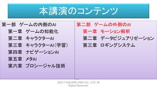 本講演のコンテンツ
第一部 ゲームの内側のAI
第一章 ゲームの知能化
第二章 キャラクターAI
第三章 キャラクターAI（学習）
第四章 ナビゲーションAI
第五章 メタAI
第六章 プロシージャル技術
©2017 SQUARE ENIX CO., LTD. All
Rights Reserved.
第二部 ゲームの外側のAI
第一章 モーション解析
第二章 データビジュアリゼーション
第三章 ロギングシステム
 