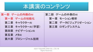 本講演のコンテンツ
第一部 ゲームの内側のAI
第一章 ゲームの知能化
第二章 キャラクターAI
第三章 キャラクターAI（学習）
第四章 ナビゲーションAI
第五章 メタAI
第六章 プロシージャル技術
©2017 SQUARE ENIX CO., LTD. All
Rights Reserved.
第二部 ゲームの外側のAI
第一章 モーション解析
第二章 データビジュアリゼーション
第三章 ロギングシステム
 