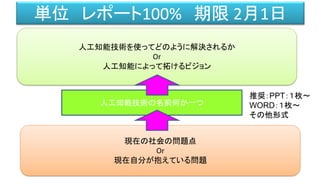 単位 レポート100% 期限 2月1日
人工知能技術を使ってどのように解決されるか
Or
人工知能によって拓けるビジョン
人工知能技術の名前何か一つ
現在の社会の問題点
Or
現在自分が抱えている問題
推奨：PPT：１枚～
WORD：１枚～
その他形式
 