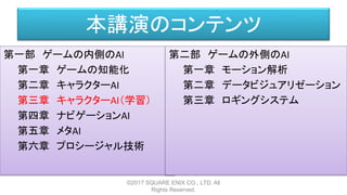 本講演のコンテンツ
第一部 ゲームの内側のAI
第一章 ゲームの知能化
第二章 キャラクターAI
第三章 キャラクターAI（学習）
第四章 ナビゲーションAI
第五章 メタAI
第六章 プロシージャル技術
©2017 SQUARE ENIX CO., LTD. All
Rights Reserved.
第二部 ゲームの外側のAI
第一章 モーション解析
第二章 データビジュアリゼーション
第三章 ロギングシステム
 