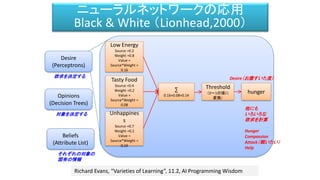 Belief – Desire – Intention モデル
ⓒ2015 SQUARE ENIX CO., LTD. All Rights Reserved.
Desire
(Perceptrons)
Opinions
(Decision Trees)
Beliefs
(Attribute List)
Richard Evans, “Varieties of Learning”, 11.2, AI Programming Wisdom
Low Energy
Source =0.2
Weight =0.8
Value =
Source*Weight =
0.16
Tasty Food
Source =0.4
Weight =0.2
Value =
Source*Weight =
0.08
Unhappines
s
Source =0.7
Weight =0.2
Value =
Source*Weight =
0.14
∑
0.16+0.08+0.14
Threshold
（0～1の値に
変換）
hunger
Desire（お腹すいた度）欲求を決定する
対象を決定する
それぞれの対象の
固有の情報
他にも
いろいろな
欲求を計算
Hunger
Compassion
Attack（戦いたい）
Help
ニューラルネットワークの応用
Black & White （Lionhead,2000）
 