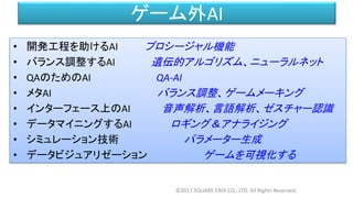 ゲーム外AI
• 開発工程を助けるAI プロシージャル機能
• バランス調整するAI 遺伝的アルゴリズム、ニューラルネット
• QAのためのAI QA-AI
• メタAI バランス調整、ゲームメーキング
• インターフェース上のAI 音声解析、言語解析、ゼスチャー認識
• データマイニングするAI ロギング＆アナライジング
• シミュレーション技術 パラメーター生成
• データビジュアリゼーション ゲームを可視化する
©2017 SQUARE ENIX CO., LTD. All Rights Reserved.
 