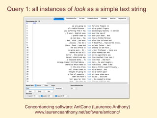 Concordancing software: AntConc (Laurence Anthony)
www.laurenceanthony.net/software/antconc/
Query 1: all instances of look as a simple text string
 