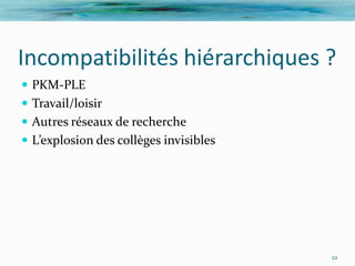 Incompatibilités hiérarchiques ?
 PKM-PLE
 Travail/loisir
 Autres réseaux de recherche
 L’explosion des collèges invisibles




                                        22
 