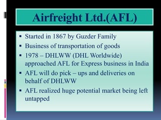 Airfreight Ltd.(AFL)
 Started in 1867 by Guzder Family
 Business of transportation of goods
 1978 – DHLWW (DHL Worldwide)
approached AFL for Express business in India
 AFL will do pick – ups and deliveries on
behalf of DHLWW
 AFL realized huge potential market being left
untapped
 