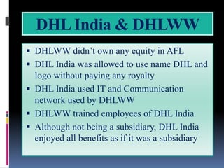 DHL India & DHLWW
 DHLWW didn’t own any equity in AFL
 DHL India was allowed to use name DHL and
logo without paying any royalty
 DHL India used IT and Communication
network used by DHLWW
 DHLWW trained employees of DHL India
 Although not being a subsidiary, DHL India
enjoyed all benefits as if it was a subsidiary
 