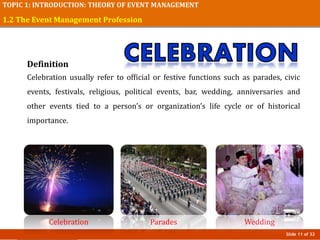 Slide 11 of 32
TOPIC 1: INTRODUCTION: THEORY OF EVENT MANAGEMENT
1.2 The Event Management Profession
Definition
Celebration usually refer to official or festive functions such as parades, civic
events, festivals, religious, political events, bar, wedding, anniversaries and
other events tied to a person’s or organization’s life cycle or of historical
importance.
Celebration Parades Wedding
 