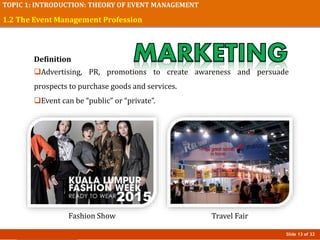 Slide 13 of 32
TOPIC 1: INTRODUCTION: THEORY OF EVENT MANAGEMENT
1.2 The Event Management Profession
Definition
Advertising, PR, promotions to create awareness and persuade
prospects to purchase goods and services.
Event can be “public” or “private”.
Fashion Show Travel Fair
 
