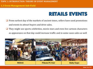 Slide 24 of 32
TOPIC 1: INTRODUCTION: THEORY OF EVENT MANAGEMENT
1.3 Event Management Sub-Field
 From earliest day of the markets of ancient times, sellers have used promotions
and events to attract buyers and drive sales.
 They might use sports celebrities, movie stars and even live cartoon characters
as appearance on that day could increase traffic and in some cases sales as well
MIHAS Pikom PC Fair Baby Expo
 