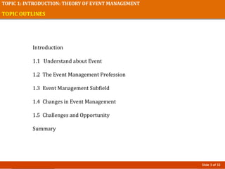 Slide 3 of 32
TOPIC 1: INTRODUCTION: THEORY OF EVENT MANAGEMENT
TOPIC OUTLINES
Introduction
1.1 Understand about Event
1.2 The Event Management Profession
1.3 Event Management Subfield
1.4 Changes in Event Management
1.5 Challenges and Opportunity
Summary
 