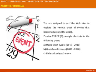 Slide 32 of 32
TOPIC 1: INTRODUCTION: THEORY OF EVENT MANAGEMENT
ACTIVITY/TUTORIAL
You are assigned to surf the Web sites to
explore the various types of events that
happened around the world.
Provide THREE (3) example of events for the
following types:
a) Major sport events (2018 - 2020)
b) Global conferences (2018 - 2020)
c) Hallmark cultural events
 
