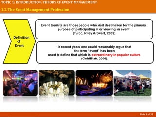Slide 9 of 32
TOPIC 1: INTRODUCTION: THEORY OF EVENT MANAGEMENT
1.2 The Event Management Profession
Event tourists are those people who visit destination for the primary
purpose of participating in or viewing an event
(Turco, Riley & Swart, 2002)
In recent years one could reasonably argue that
the term “event” has been
used to define that which is extraordinary in popular culture
(GoldBlatt, 2000).
Definition
of
Event
 