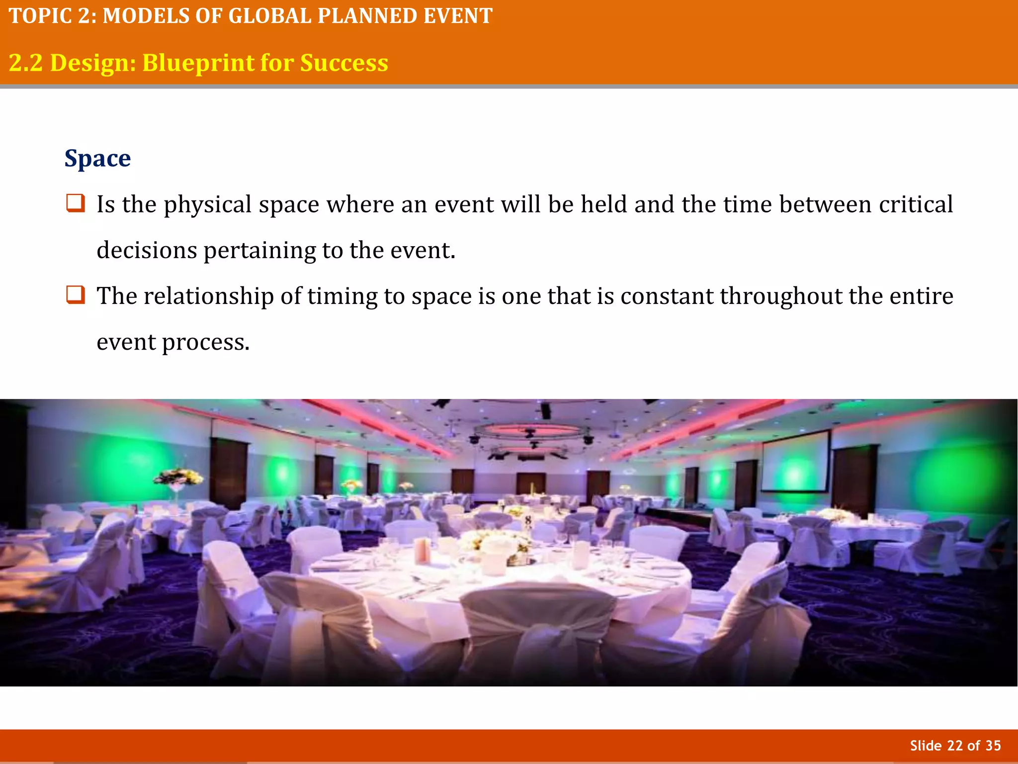 Slide 22 of 35
TOPIC 2: MODELS OF GLOBAL PLANNED EVENT
2.2 Design: Blueprint for Success
Space
 Is the physical space where an event will be held and the time between critical
decisions pertaining to the event.
 The relationship of timing to space is one that is constant throughout the entire
event process.
 