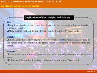 Slide 13 of 32
TOPIC 3: DEVELOPING AND IMPLEMENTING THE EVENT PLAN
3.2 Identifying the Needs of Guests
Size
Requires massive scenery and that ingress to our venue is a door of standard
width and height.
Make certain that our design element can be broken into small units.
Weight
Check with the facility engineer to review the construction standard used in
the venue then, determine if the stress factor is sufficient to accommodate the
design.
Volume
Determine the number of persons who can be safely accommodated in the
venue.
Influence this number ( seating configuration, amount of décor, etc ).
Implications of Size, Weight, and Volume
 