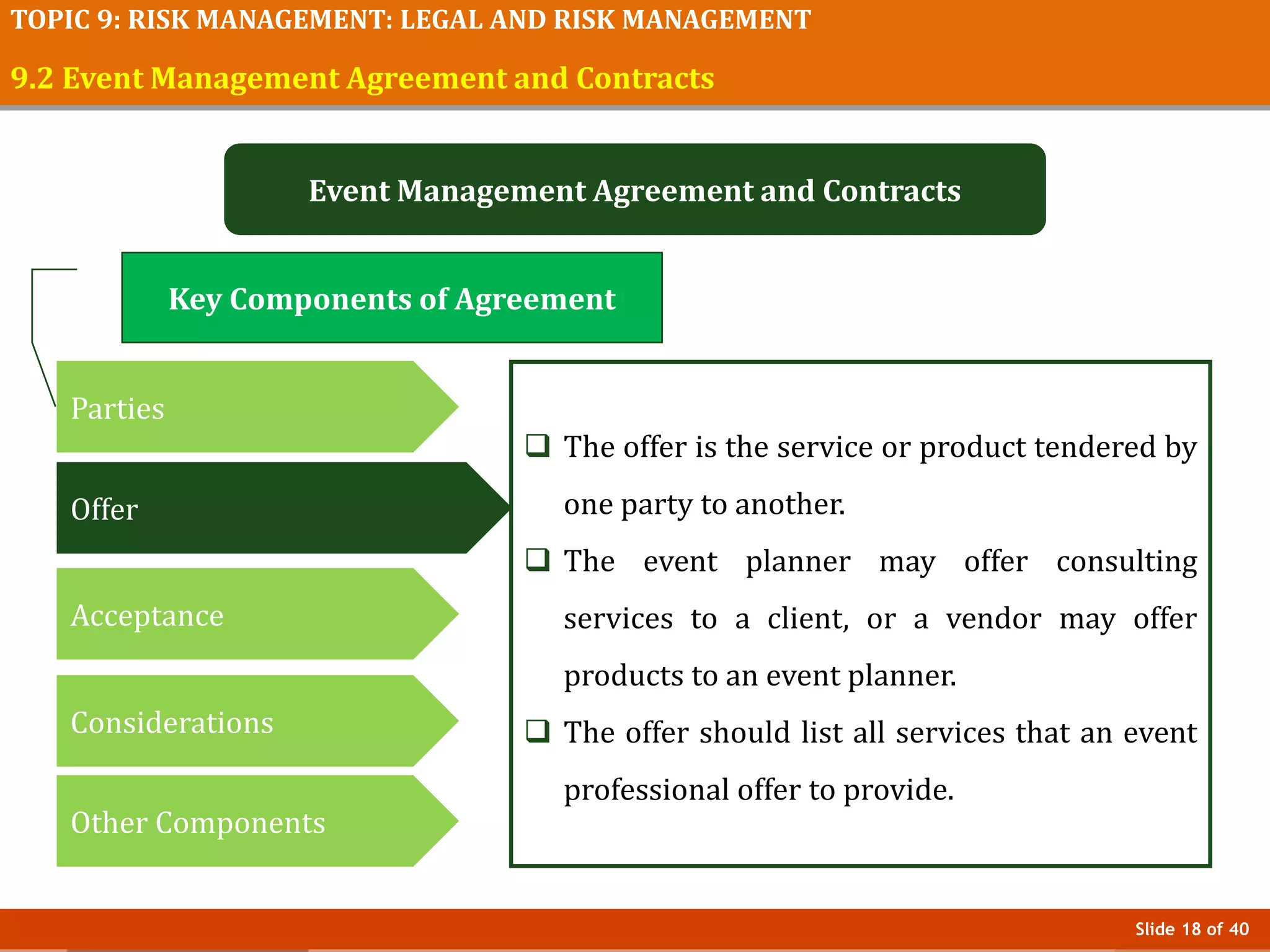Slide 18 of 40
TOPIC 9: RISK MANAGEMENT: LEGAL AND RISK MANAGEMENT
9.2 Event Management Agreement and Contracts
Event Management Agreement and Contracts
 The offer is the service or product tendered by
one party to another.
 The event planner may offer consulting
services to a client, or a vendor may offer
products to an event planner.
 The offer should list all services that an event
professional offer to provide.
Key Components of Agreement
Parties
Offer
Acceptance
Considerations
Other Components
 
