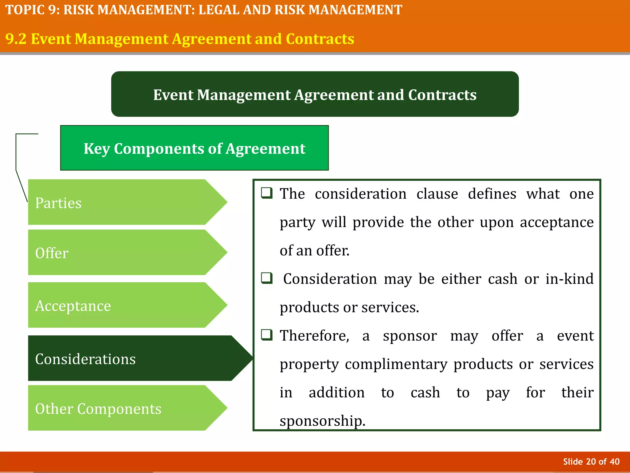 Slide 20 of 40
TOPIC 9: RISK MANAGEMENT: LEGAL AND RISK MANAGEMENT
9.2 Event Management Agreement and Contracts
Event Management Agreement and Contracts
 The consideration clause defines what one
party will provide the other upon acceptance
of an offer.
 Consideration may be either cash or in-kind
products or services.
 Therefore, a sponsor may offer a event
property complimentary products or services
in addition to cash to pay for their
sponsorship.
Key Components of Agreement
Parties
Offer
Acceptance
Considerations
Other Components
 